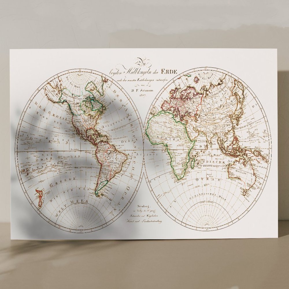 13x19" Vintage german world map 1806 19th century wall art map poster art print
